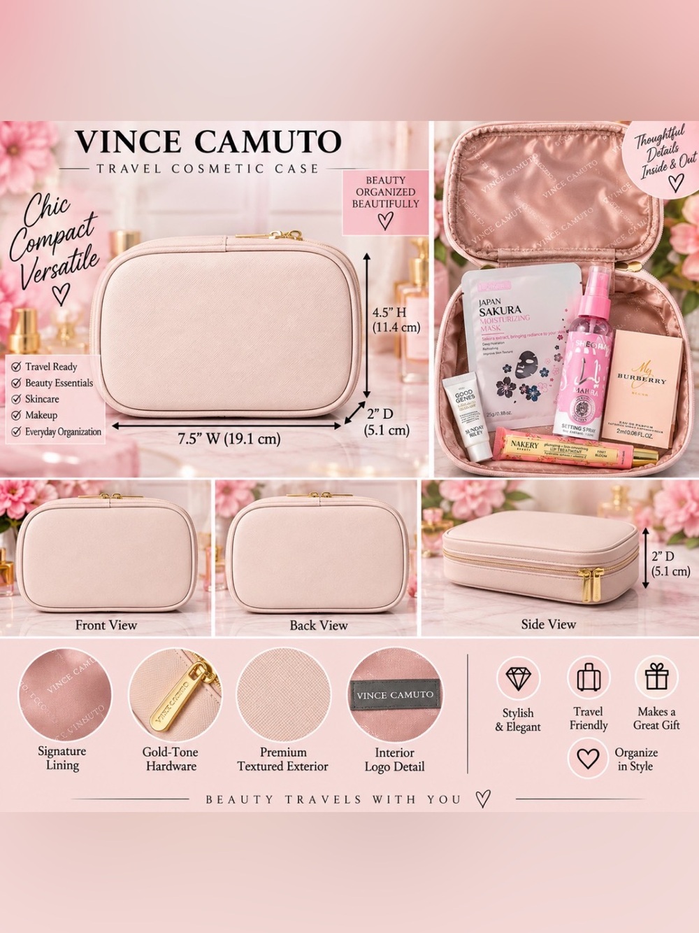 Vince Camuto Pink Travel Cosmetic Case with Gold Hardware
